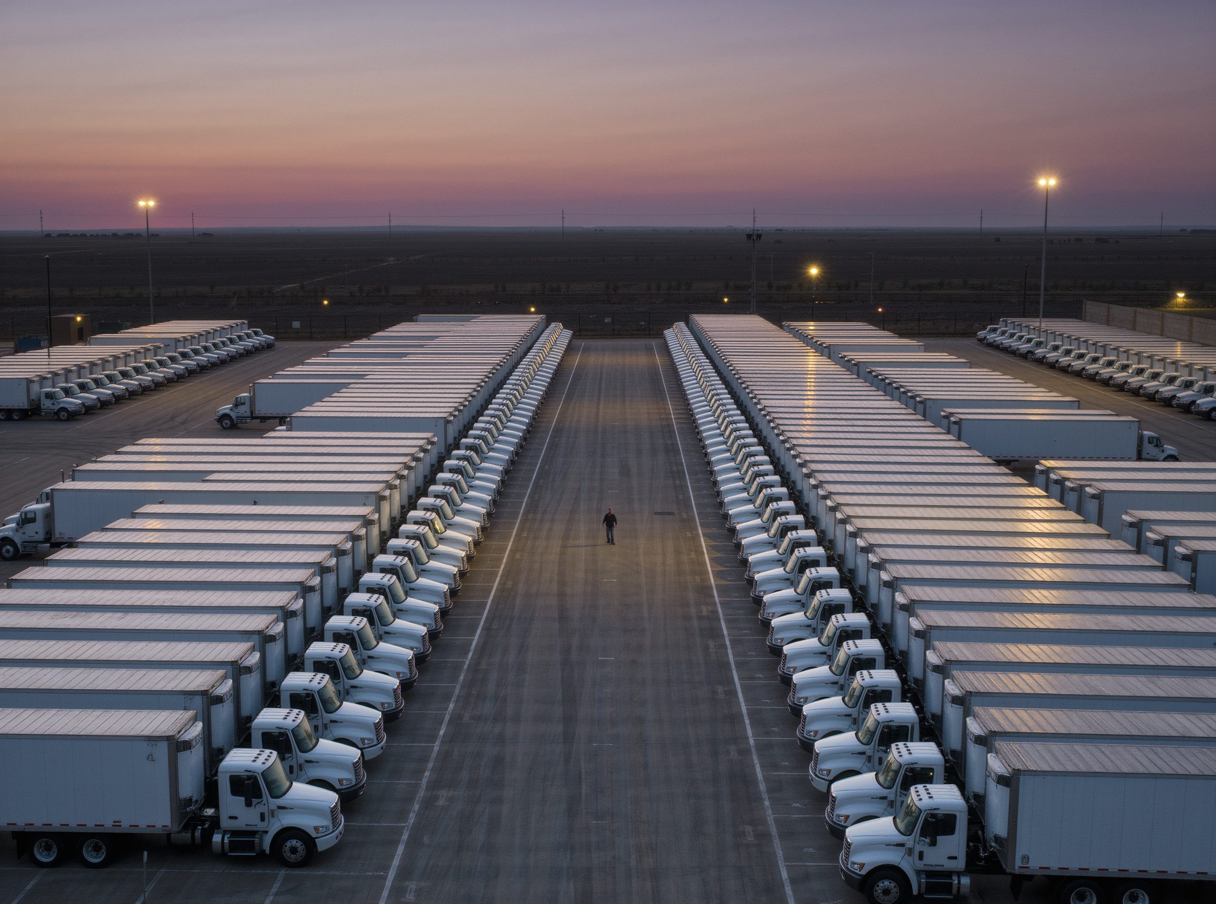 Rows of trucks in a fleet yard at dusk